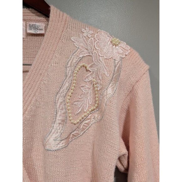 Vintage Jaclyn Smith Faux Wrap Sweater Pink Shoulder Pads White Lace Pearls Sz L - Picture 5 of 16